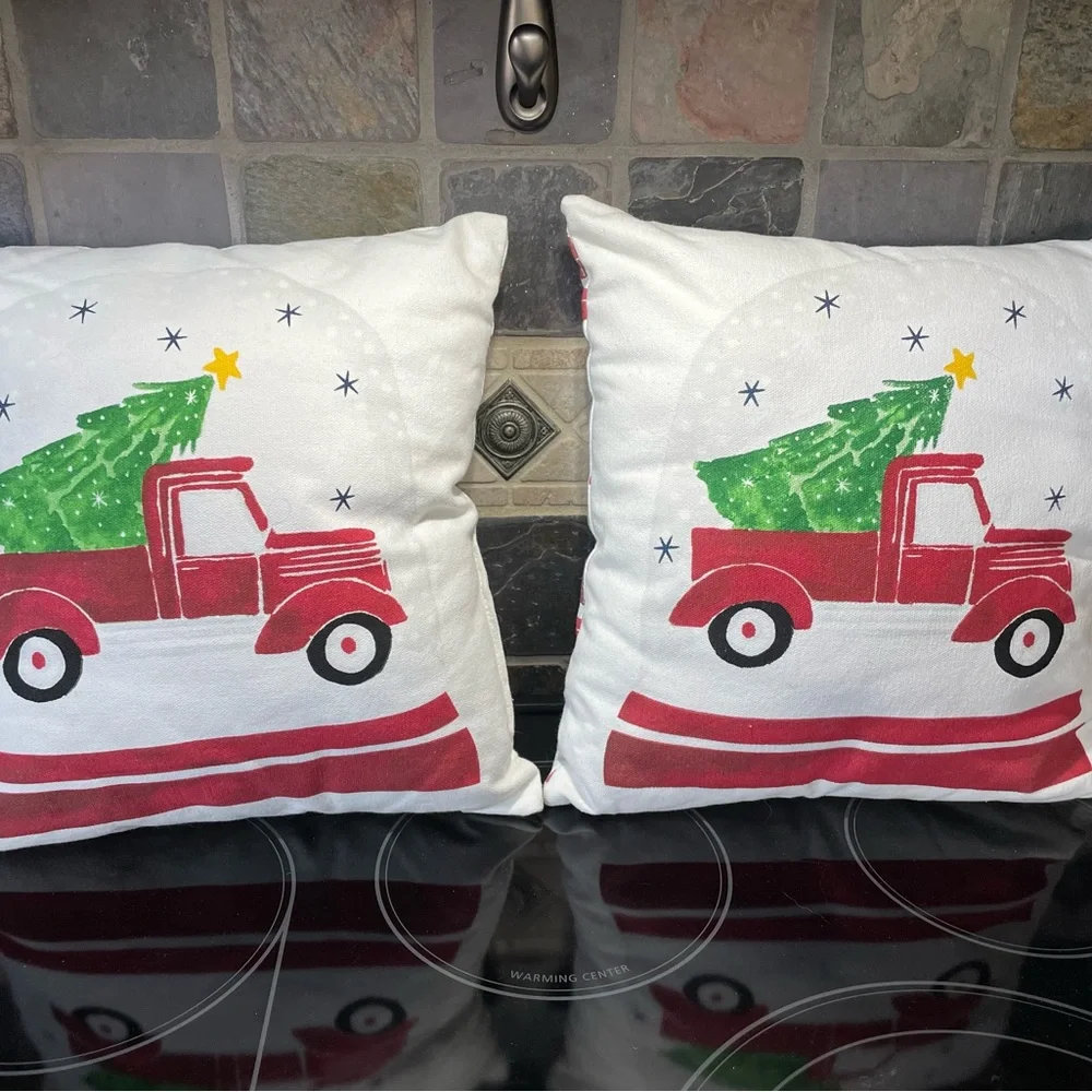 Festive Red Truck/Tree holiday Pillow Set 12” x 12” double sided design new